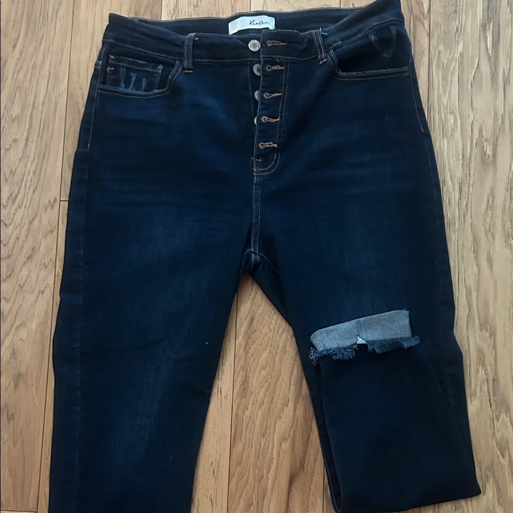 KanCan Dark Blue Skinny Jeans with Button-Fly and Knee Patch